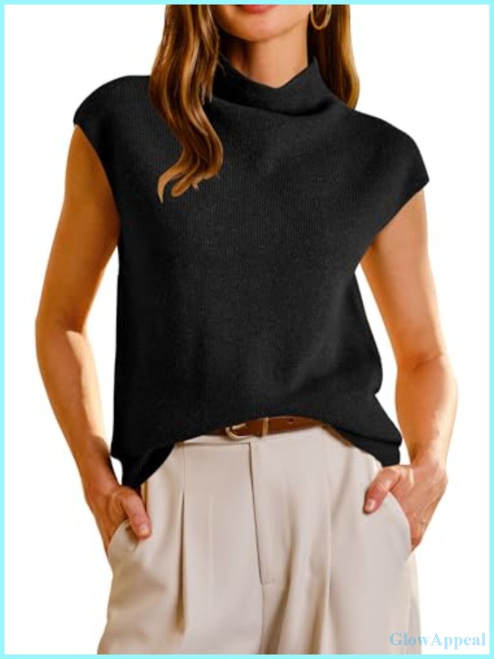Wool Blend Mock Neck Sleeveless Sweater Vest Business Casual Cap Sleeve